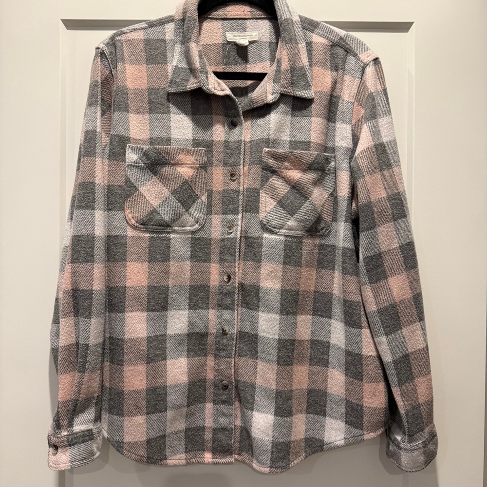 Cozy Cabincore BeachLunchLounge Gray Pink Plaid Shacket Shirt Jacket XL